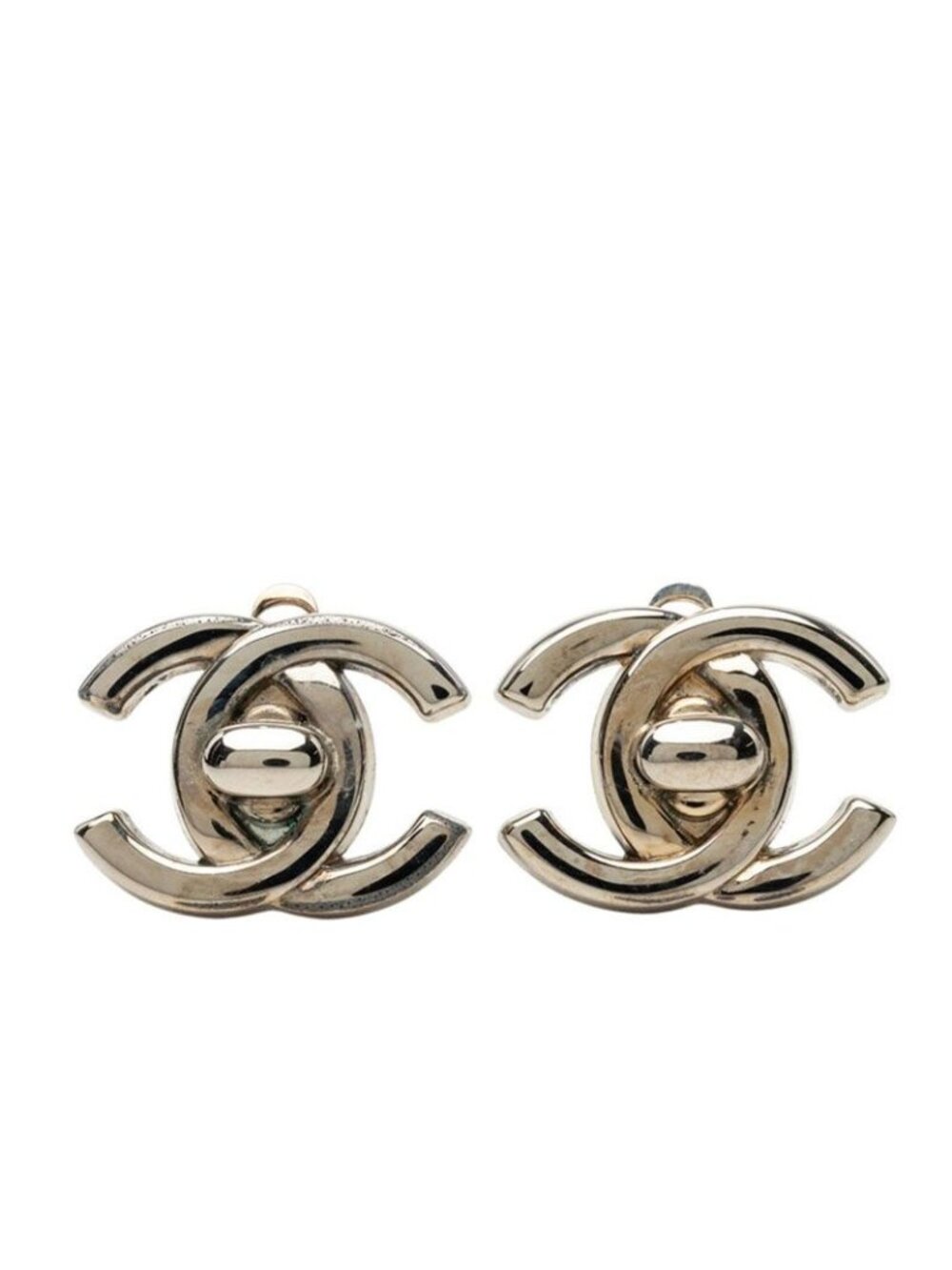 Chanel CC Logo Vintage Earrings Stamp Silver Metal